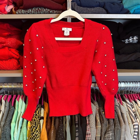 Halston red square neck rhinestone embellished long sleeve sweater size XS NWOT - Picture 1 of 3